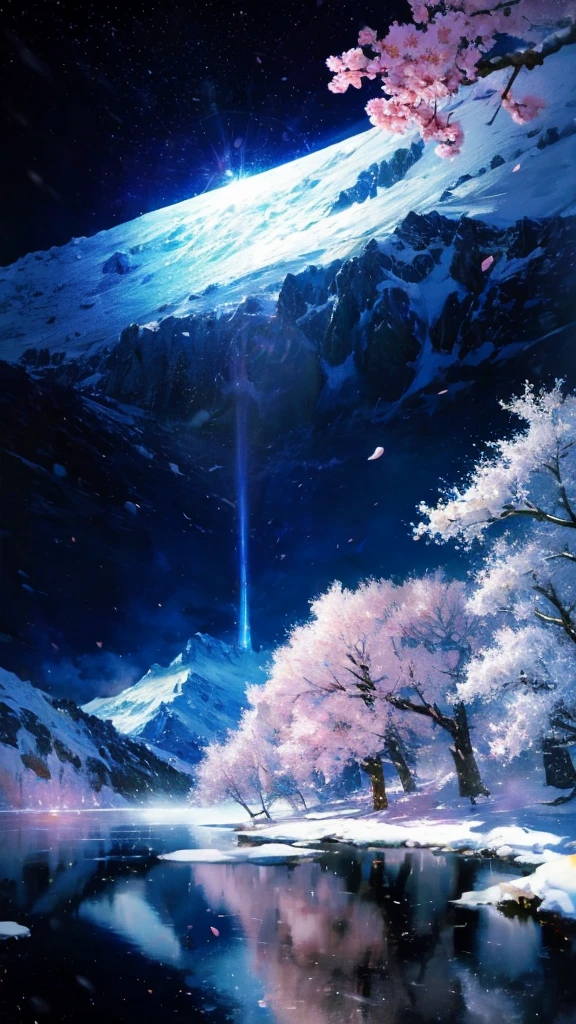 logo、masterpiece、8K、table top、RAW photo、wonderful、最high quality、フォトrealでvery detailedなCG統合8K壁紙、high quality、very detailed、Narrative poem、particle effects、dynamic effects、character border depth、cinematic light、Lens flare、ray tracing、table top、real、ultra high resolution、fantasy、night、wind、darkness、Snow and hoarfrost、frigid winter day、snow-capped mountainや森、hoarfrost、snow-capped mountain々、The beauty and brilliance of frost-covered trees、Silent and beautiful grasslands in a world of ice and snow、vast land、Lakeside、wonderful view、美しい自然のwind景、Night Sky、wind、cherry blossoms、cherry blossoms花びら舞っている、cherry blossoms snowstorm、falling petals