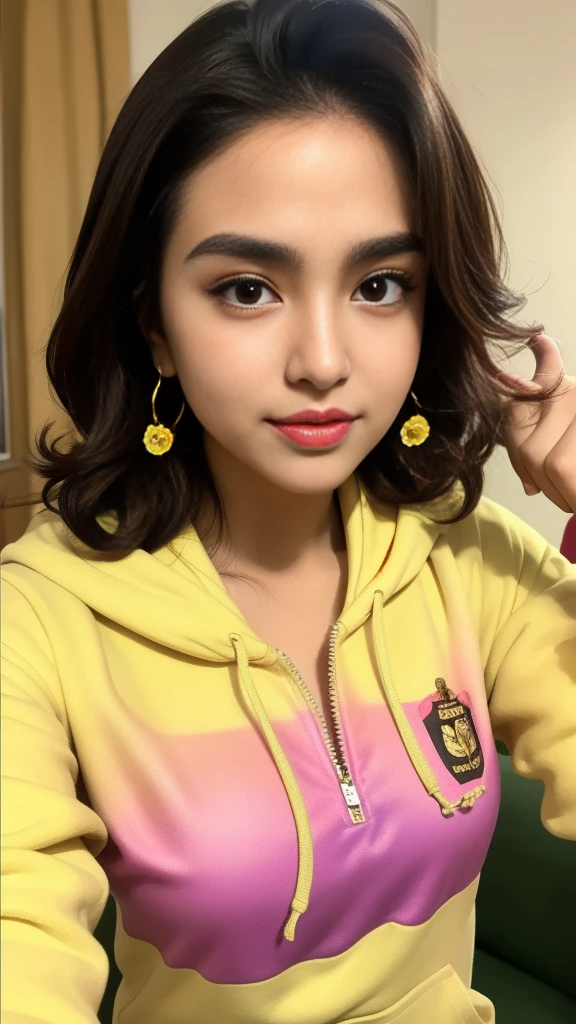 photography, woman, portrait of woman wearing yellow hoodie clothes, red lipstick, golden necklace, earrings, ornate, detail, flowers, blurry background, soft focus