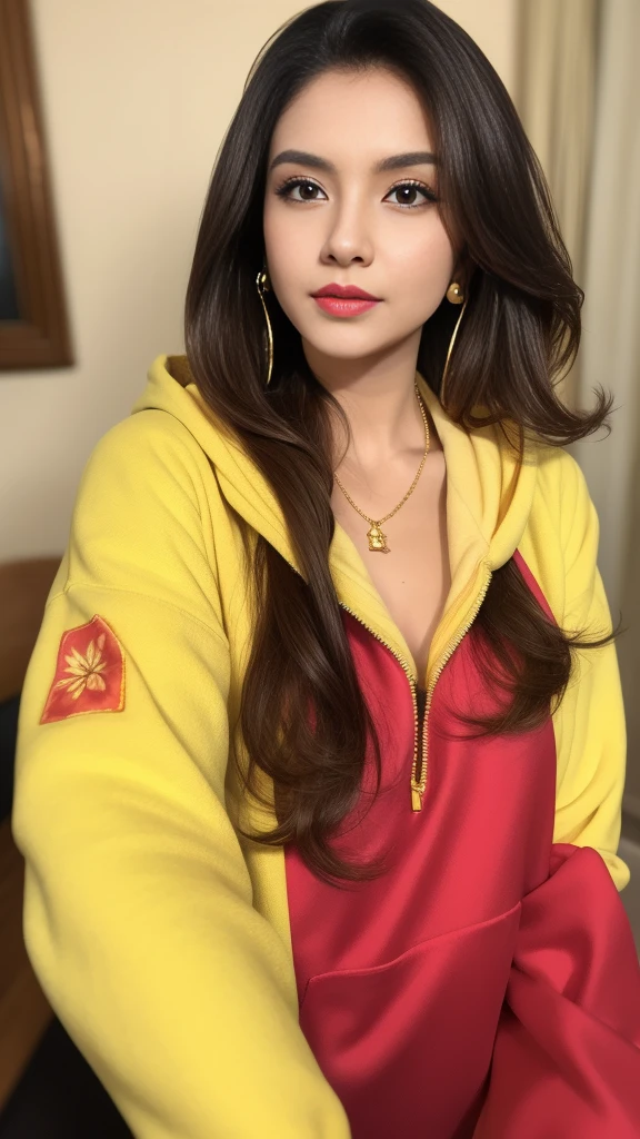 photography, woman, portrait of woman wearing yellow hoodie clothes, red lipstick, golden necklace, earrings, ornate, detail, flowers, blurry background, soft focus