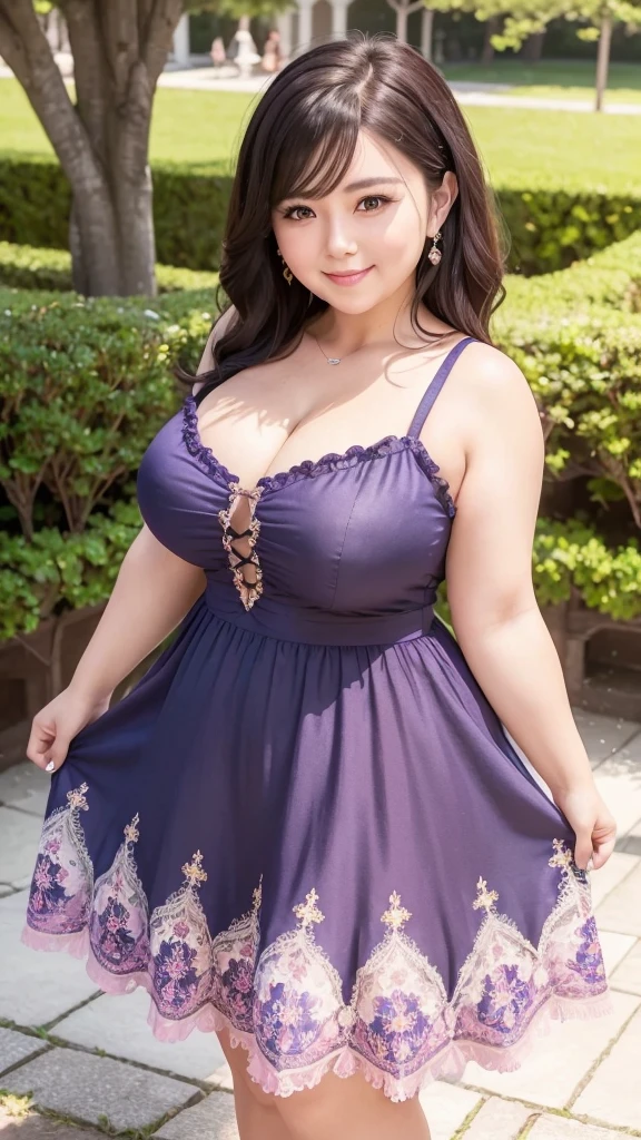 A beautiful and hot almost chubby mature woman.who is wearing a patterned short dress and is and standing in the park. A smiling face、sexy woman、A radiant smile、adorable、race、Frills、Colorful design、Full-length mirror、An inviting gaze、Gorgeous long and beautiful hairstyle、variation Hairstyle、Open neck blouse、Flower Garden、Sparkling、Elegant Princess