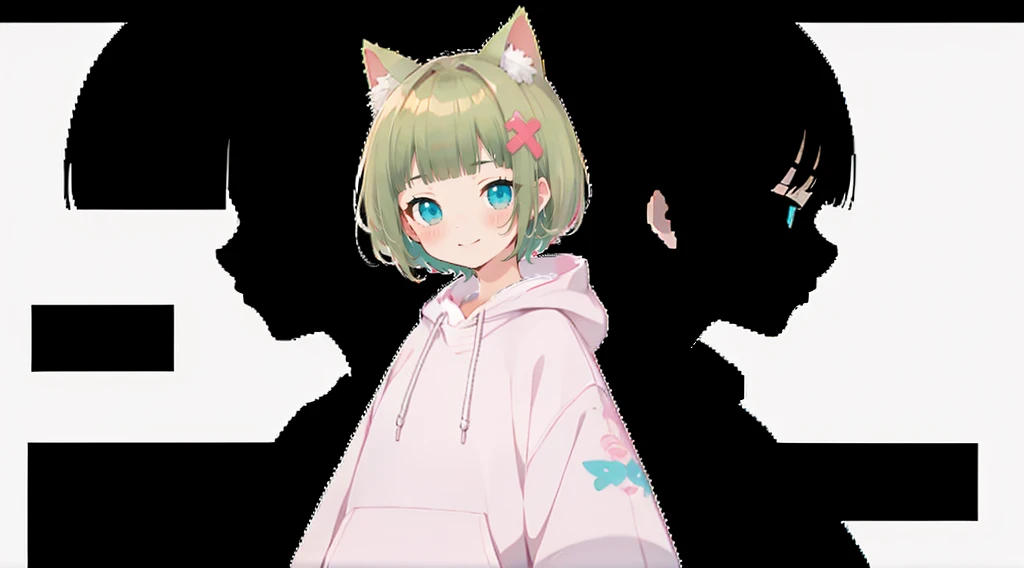Pink hoodie、大きなFlower Hair Ornaments、An unprecedented number of draws、Flower Hair Ornaments、Floral Hair Accessories、Blonde、Cat ear、Pink hoodie、high quality、Colorful color palette、high resolution、pretty girl、 Pink hoodie、An unprecedented number of draws、Anime Style、Geometric background、Sticker Style、short hair、Blonde、Turquoise Eyes, Messy Hair, Pink hoodie、髪と同じ色のCat ear、front, Hands posing, Until death, Bondage, Baggy clothes