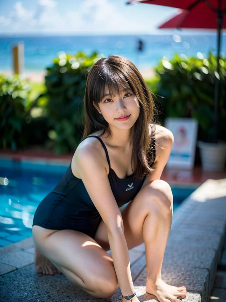 School Swimsuit、(8K、Raw photography、top-quality、masterpiece:1.2)、(realisitic、Photorealsitic:1.37)、Ultra-detail、超A high resolution、1 girl、see the beholder、beautifull detailed face、A smile、Constriction、(Slim waist) :1.3)、Beautiful detailed skin、School Swimsuit,,Blushing、Pale brown eyes、Brown Hair、Semi-long hair、Head to toe full body、Blushing、Embarrassed look、Composition from the front、A view from slightly below、school swimwear、Acme Face、Random pose、, 、nsfw、Highest quality、1 girl、solo、Ocean、Sandy Beach、Sexy pose、Random pose、Blushing、Wet、Embarrassed、I can see half of my boobs、、One piece swimsuit、(Strap slip:1.3)、School Swimsuit