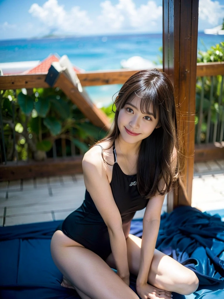 School Swimsuit、(8K、Raw photography、top-quality、masterpiece:1.2)、(realisitic、Photorealsitic:1.37)、Ultra-detail、超A high resolution、1 girl、see the beholder、beautifull detailed face、A smile、Constriction、(Slim waist) :1.3)、Beautiful detailed skin、School Swimsuit,,Blushing、Pale brown eyes、Brown Hair、Semi-long hair、Head to toe full body、Blushing、Embarrassed look、Composition from the front、A view from slightly below、school swimwear、Acme Face、Random pose、, 、nsfw、Highest quality、1 girl、solo、Ocean、Sandy Beach、Sexy pose、Random pose、Blushing、Wet、Embarrassed、I can see half of my boobs、、One piece swimsuit、(Strap slip:1.3)、School Swimsuit