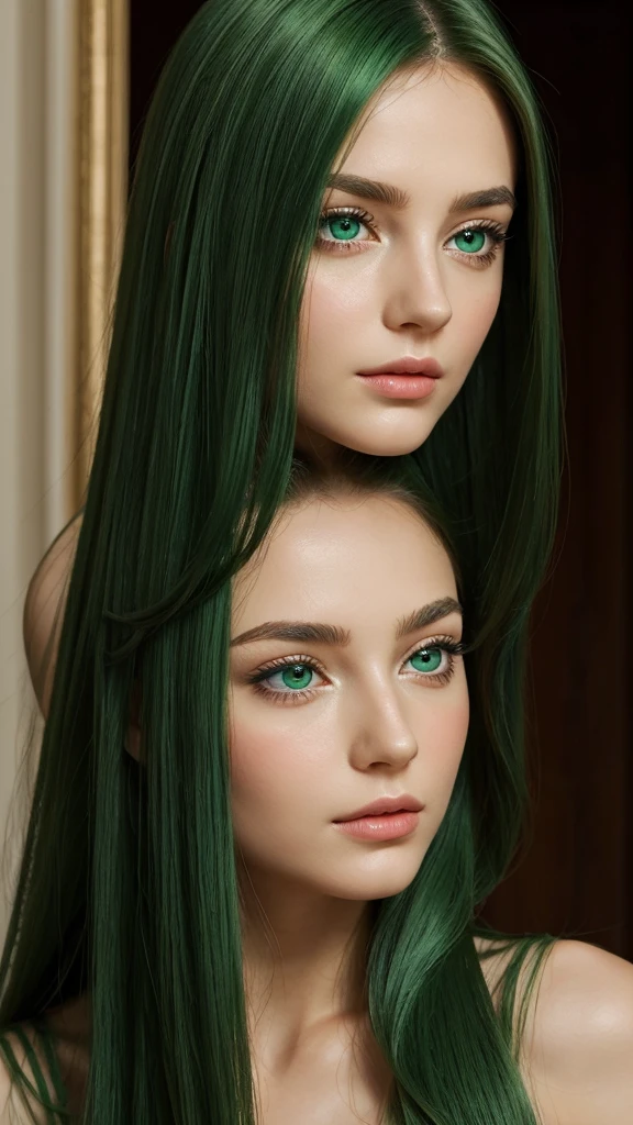 Greek goddess. face sent feeling. Europe. Oval face. long face. delicate facial features. sad eyes. seductively seductive. green eyes. long straight hair. green hair. goddess dress.