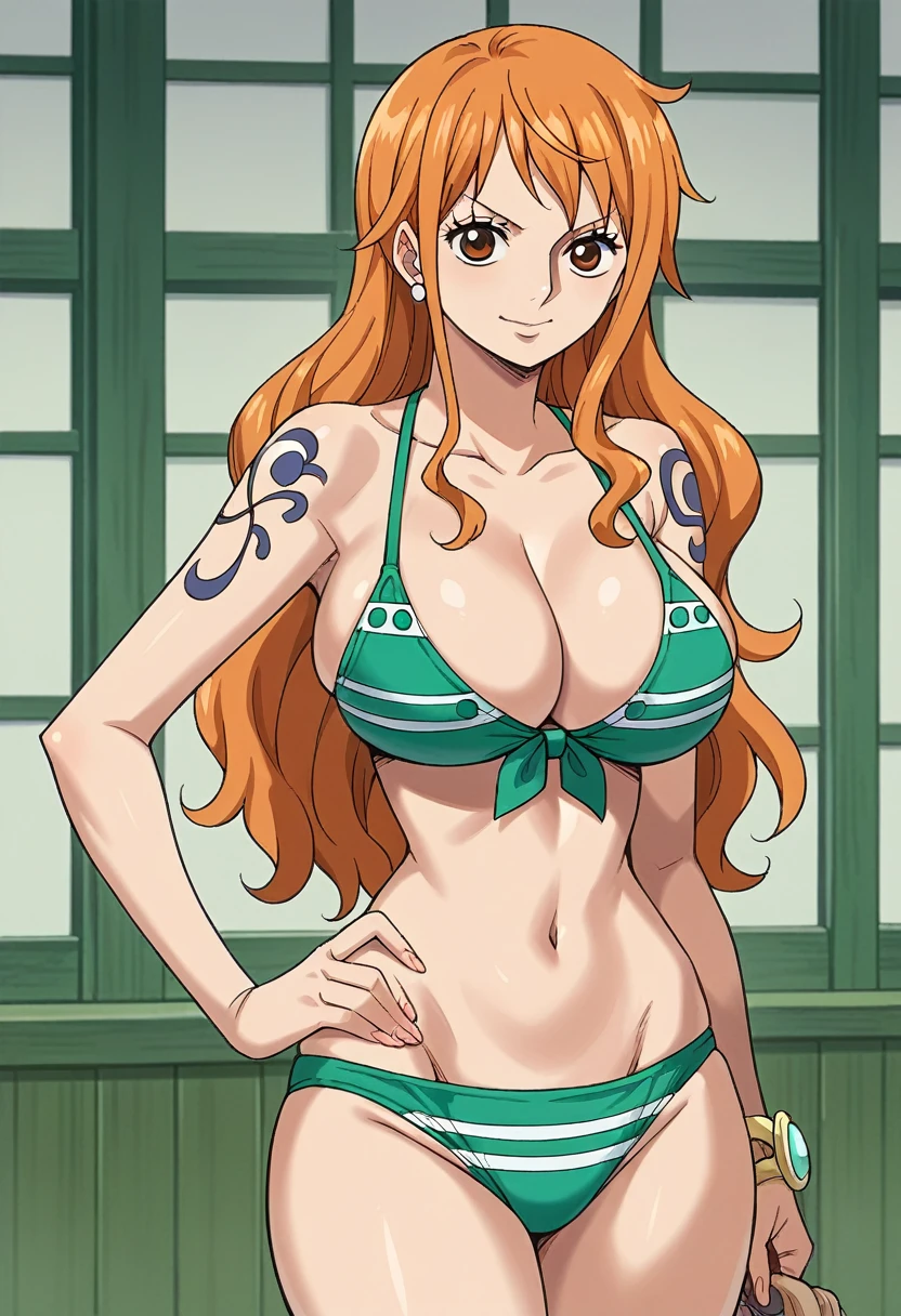 score_9, score_8_up, source_anime, best quality, nami, NAAmi, orange hair, large breasts, cleavage, standing, underwear, indoor, looking at viewer, 