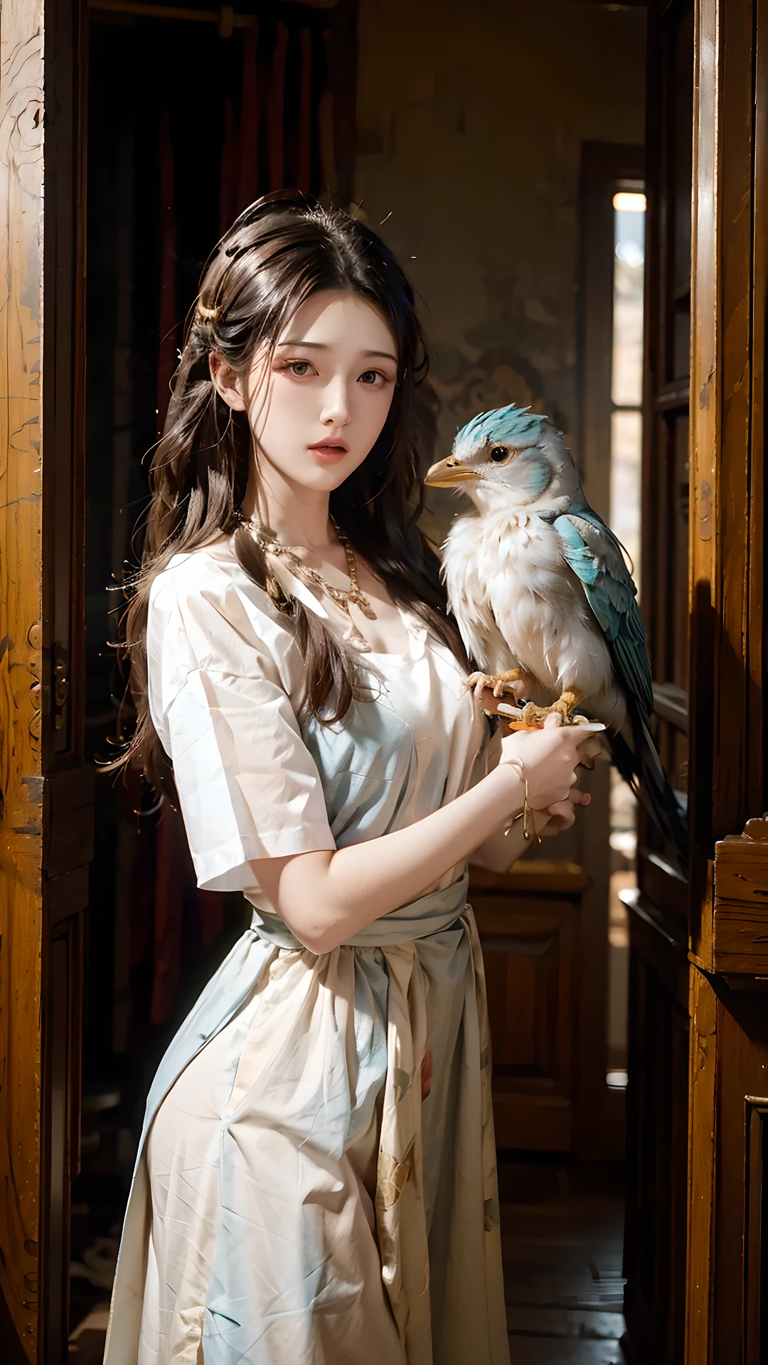 Top quality，16K，masterpiece：1.3。china，Flowing long hair，A woman，bird&#39;s-eye view photo，Beautiful，Female hormones，Feminine charm display，Tube top，full-body shot，Enchanting figure，Tyndall effect，In the lush jungle，Long legs，detail，Realistic Anime，Beautiful wallpaper(RAW photos, best quality), (Practical, photo-Practical:1.3),best quality,Very detailed,masterpiece,Extremely detailed,illustration,1 Girl,upper_Body,Dynamic Angle,world masterpiece theater,messy_long_hair,best quality,Extremely detailed CG unity 8k wallpaper,ink,Astonishing,light,lens_Flare,,dunhuang_style