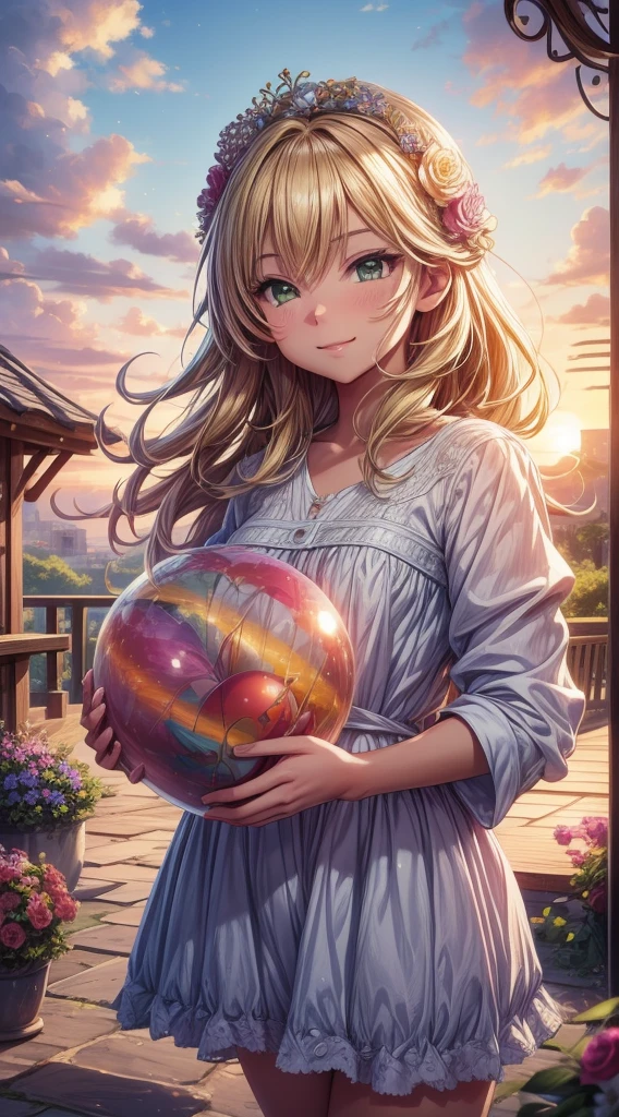 (high quality:1.2),(Very detailed,Realistic:1.37),Kirby Balloon,artwork,shape,Beautiful details, Vibrant colors,Long Hair Girl,Smiling Girl,Artistic landscape,Green Garden,Thick Clouds,blue sky,Blooming Flowers,Soft sunLight,Light,Fluffy Clouds,Bright colors,Fun atmosphere,Whimsical art style,Striking details,Serene landscape,Quiet environment,Creative masterpiece,professional artwork,Sunset Lighting,An uplifting atmosphere,Summer theme,Vibrant color palette,The composition of beauty,Airy feeling,Graceful beauty,Calm and relaxed atmosphere,A perfect harmony between nature and art,Detailed brushwork,eye-catching artwork,Unleash your imagination,Stunning visual impact.