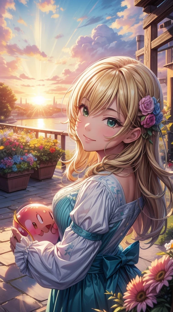 (high quality:1.2),(Very detailed,Realistic:1.37),Kirby Balloon,artwork,shape,Beautiful details, Vibrant colors,Long Hair Girl,Smiling Girl,Artistic landscape,Green Garden,Thick Clouds,blue sky,Blooming Flowers,Soft sunLight,Light,Fluffy Clouds,Bright colors,Fun atmosphere,Whimsical art style,Striking details,Serene landscape,Quiet environment,Creative masterpiece,professional artwork,Sunset Lighting,An uplifting atmosphere,Summer theme,Vibrant color palette,The composition of beauty,Airy feeling,Graceful beauty,Calm and relaxed atmosphere,A perfect harmony between nature and art,Detailed brushwork,eye-catching artwork,Unleash your imagination,Stunning visual impact.
