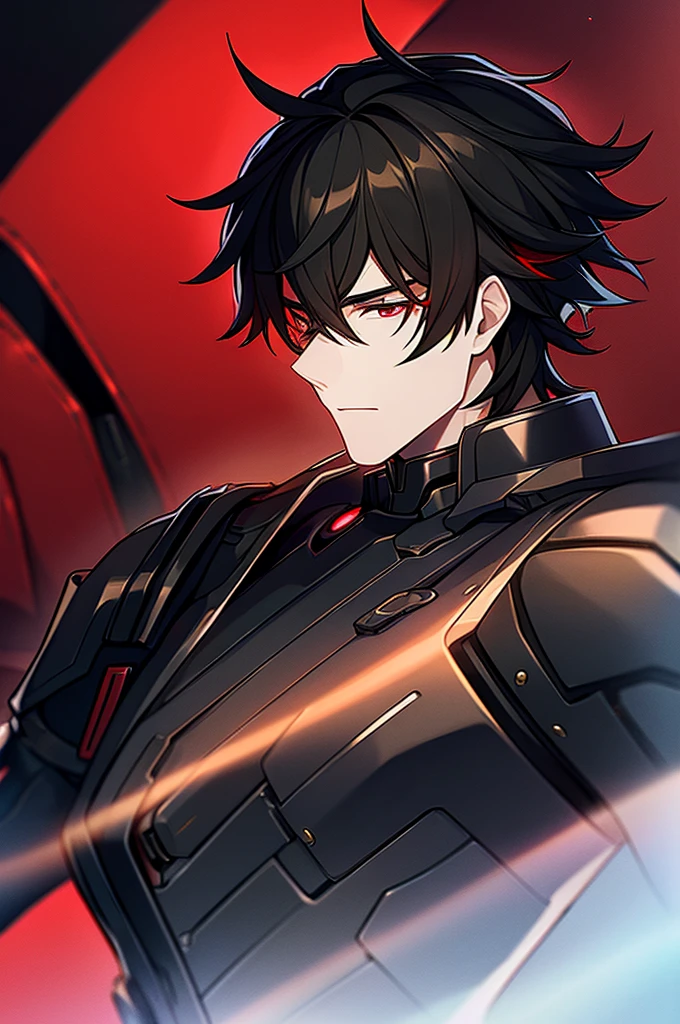 Man with black hair, dark eyes and black armor with red details with a black rose. With the face of a handsome man (detailed in Full HD 4K) 