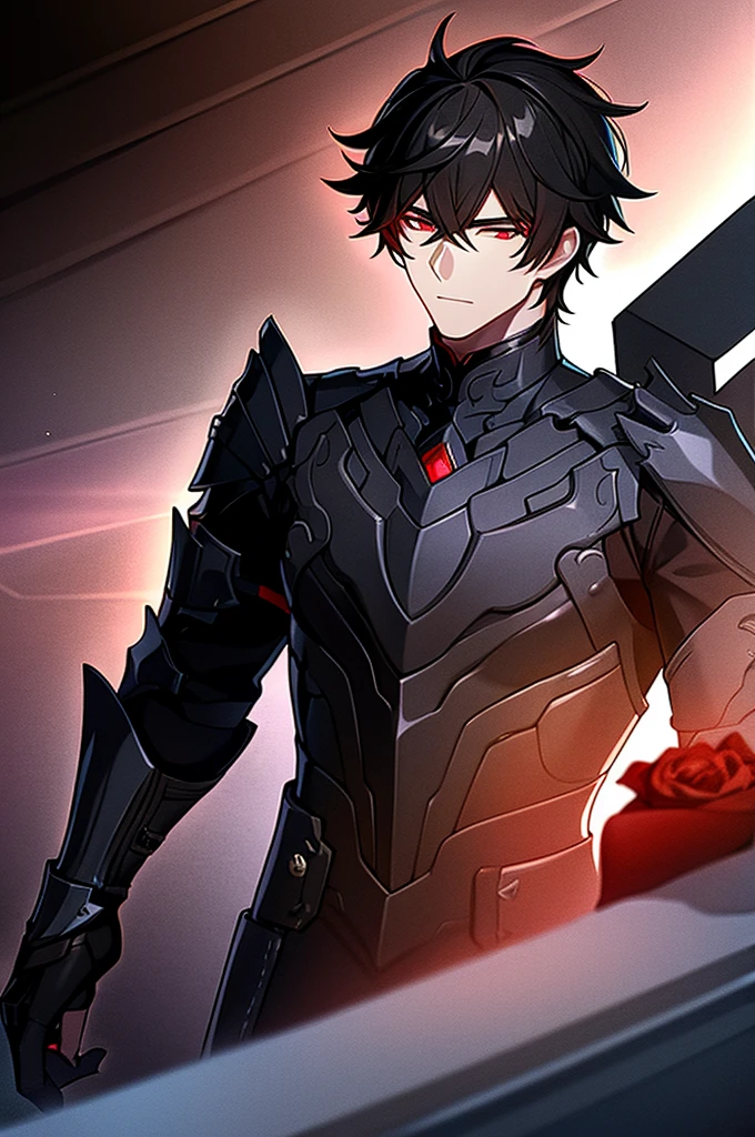 Man with black hair, dark eyes and black armor with red details with a black rose. With the face of a handsome man (detailed in Full HD 4K) 