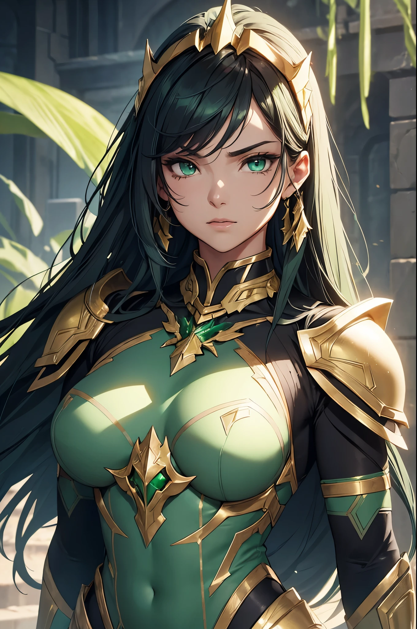 NSFW armor with a greenish-silver glow and gold accents reminiscent of nature, black hair, in gentle waves over your shoulders. Your carved face, with delicate features and a defined jawline and expressive green eyes