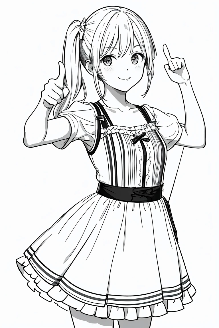 masterpiece,, One Girl, alone, short, White Background, Monochrome, Line art, ((sketch))、Look forward、Wearing a summer dress、smile、Thumbs up、Side Ponytail、Wink