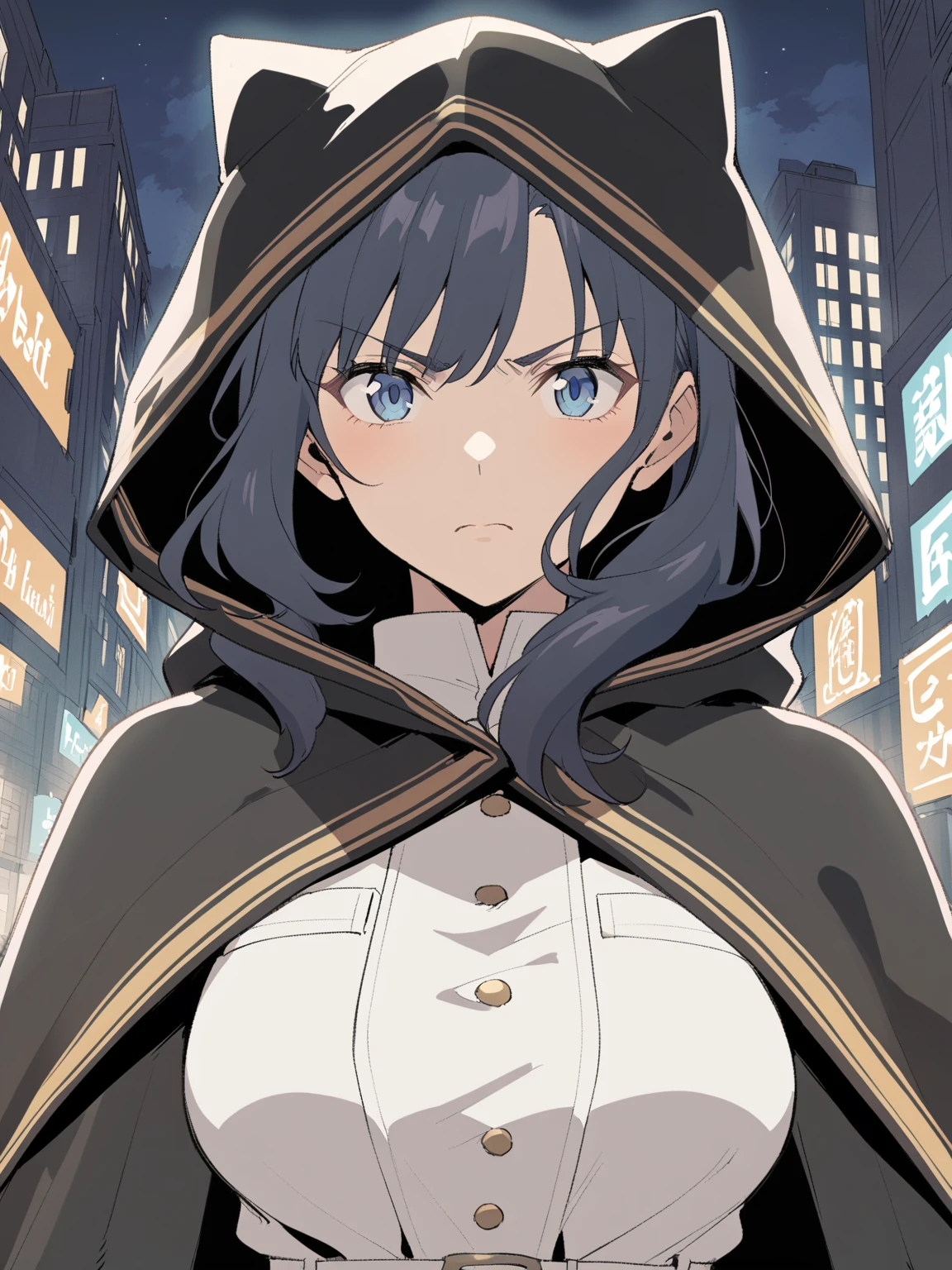 {{upper body}} {{Artist: sincos}} 1girl, mature female, blue eyes, medium length black hair, white jumpsuit with golden buttons, black hood over head, white belt, black cape, white gloves, serious expression, outdoors, night, city