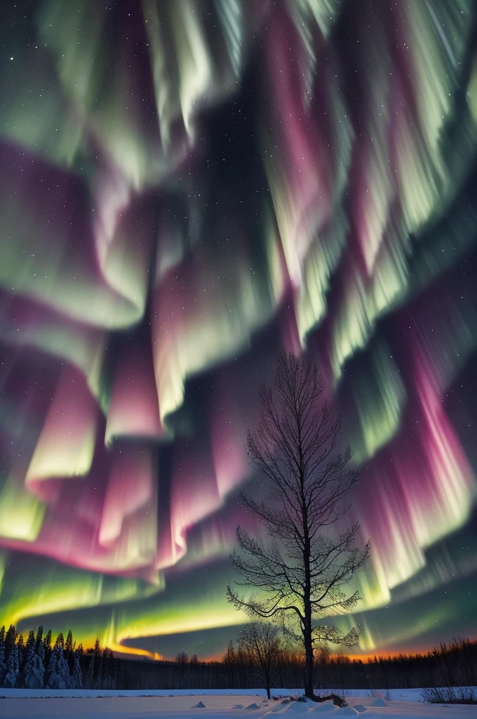 a tree in a field with aurora lights in the sky, rainbow aurora, aurora borealis, northern lights, with aurora borealis in the sky, magical colours and atmosphere, magical colors and atmosphere, beautiful and colorful, infused with aurora borealis, breathtaking colors, nacreous lights, really beautiful nature, beautiful!!!, vividly beautiful colors