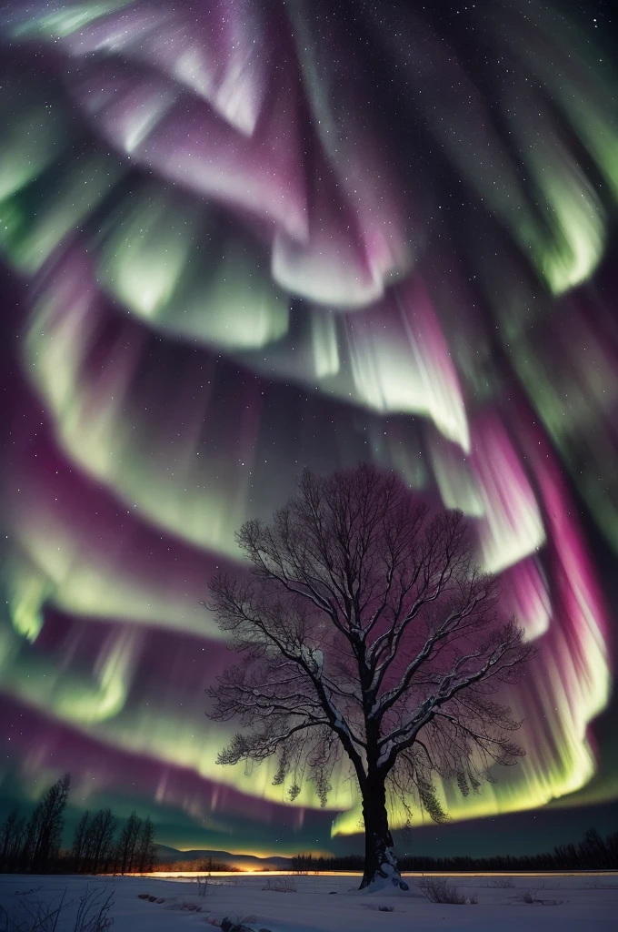 a tree in a field with aurora lights in the sky, rainbow aurora, aurora borealis, northern lights, with aurora borealis in the sky, magical colours and atmosphere, magical colors and atmosphere, beautiful and colorful, infused with aurora borealis, breathtaking colors, nacreous lights, really beautiful nature, beautiful!!!, vividly beautiful colors