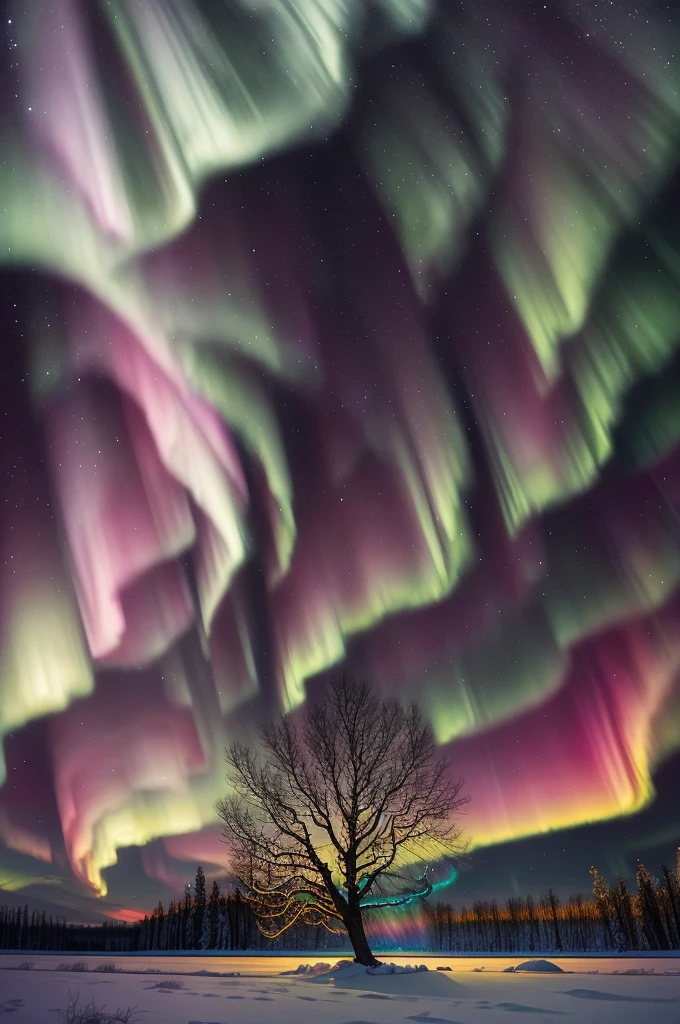 a tree in a field with aurora lights in the sky, rainbow aurora, aurora borealis, northern lights, with aurora borealis in the sky, magical colours and atmosphere, magical colors and atmosphere, beautiful and colorful, infused with aurora borealis, breathtaking colors, nacreous lights, really beautiful nature, beautiful!!!, vividly beautiful colors