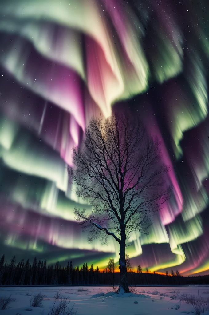 a tree in a field with aurora lights in the sky, a picture by Anato Finnstark, shutterstock, romanticism, rainbow aurora, aurora borealis, northern lights, with aurora borealis in the sky, magical colours and atmosphere, magical colors and atmosphere, beautiful and colorful, infused with aurora borealis, breathtaking colors, nacreous lights