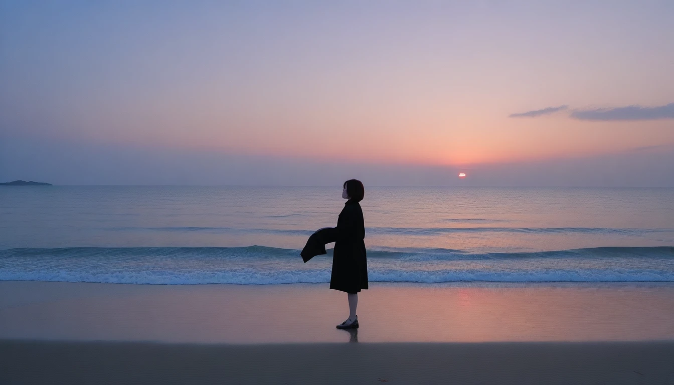 8K, Vivid picture quality, The picture quality is alive, long deserted beach, sunrise view from afar, short hair that covers the neck, , Black trench coat, red light of sunset, sunset, alone, afternoon, depressed, tide가 밀려온다, ocean, tide, wind, short korean girl, 잔잔한 tide