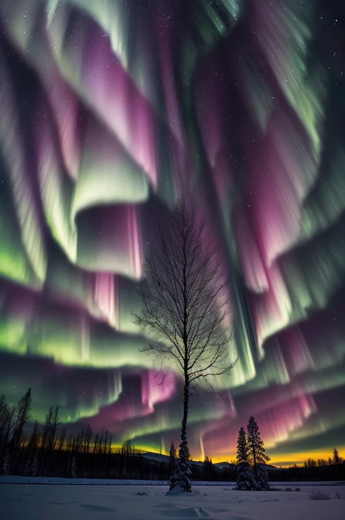 a tree in a field with aurora lights in the sky, rainbow aurora, aurora borealis, northern lights, with aurora borealis in the sky, magical colours and atmosphere, magical colors and atmosphere, beautiful and colorful, infused with aurora borealis, breathtaking colors, nacreous lights, really beautiful nature, beautiful!!!, vividly beautiful colors