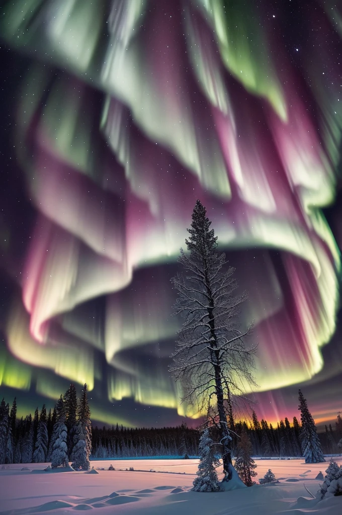 a tree in a field with aurora lights in the sky, rainbow aurora, aurora borealis, northern lights, with aurora borealis in the sky, magical colours and atmosphere, magical colors and atmosphere, beautiful and colorful, infused with aurora borealis, breathtaking colors, nacreous lights, really beautiful nature, beautiful!!!, vividly beautiful colors