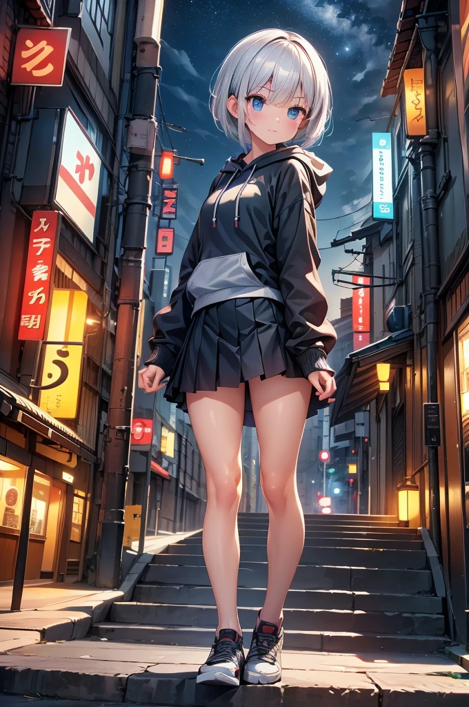 (masterpiece), (best quality), (ultra detailed), (high res 8K), 1 girl, late teenage, standing, contrappost, full body, low angle, hoody, mini-skirt, (katana), short hair, silver hair, serious, looking away, cityscape in Tokyo, night, rim lighting, high contrast, professional lighting, stunning face, symmetrical clear eyes, detailed eyes and face,(near future)