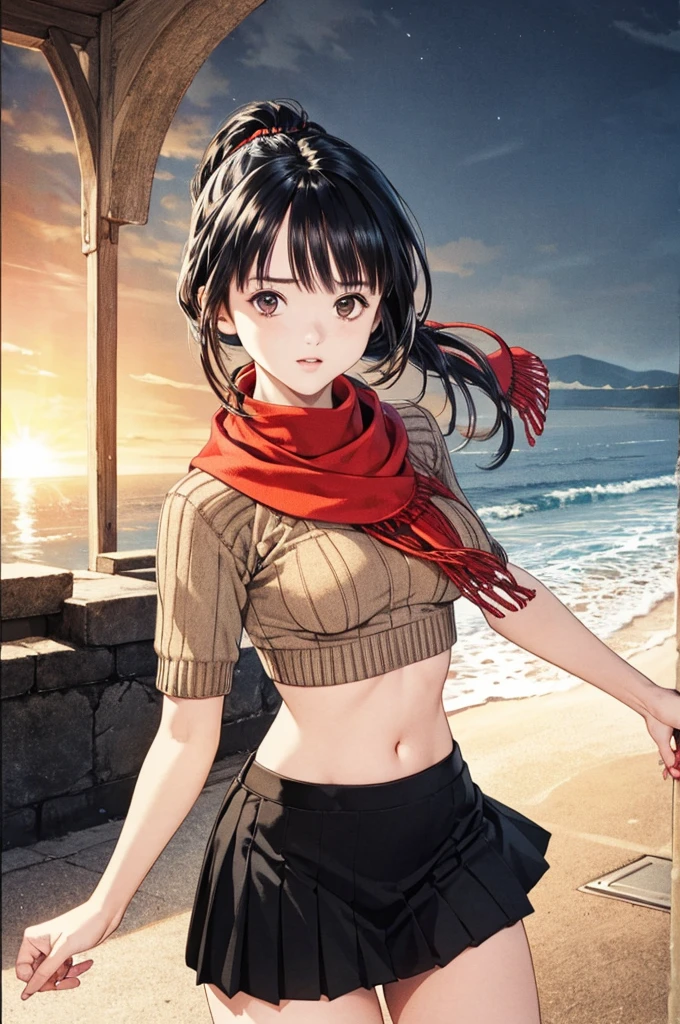 (8K、Highest quality、masterpiece:1.2)、(Realistic、Ultra-detailed、Ultra-high resolution、1 Girl,Beautifully detailed face,Perfect body,((Ponytail,long Black Hair)),((Daytime)),narrow、(Slim waist) :1.3)、Beautifully detailed skin、Skin Texture、Floating Hair、Professional Lighting,,(Human whole body:1.0),Long Shot,(Knitted beige sweater、Red mini skirt、Red scarf:1.2),ponytail,Black Hair,Severe、Flying in the blue sky、Top view