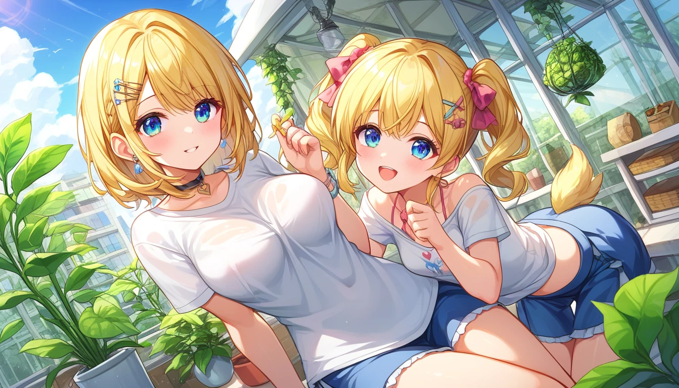 ((multiple girls:1.3)), ((tshirt:1.3)), ((greenhouse:1.3)), chocobo (final fantasy), ((moe style:1.3)), ((perfect face)), ((extremely cute:1.3)), ((masterpiece:1.3)), ((8k)), ((best quality:1.3)), ((beautiful)), ((extremely detailed:1.3)) , ((absurdres)), AddXL, ((score_9:1.3)), ((score_8_up:1.3)), ((score_7_up:1.3)), Expressiveh