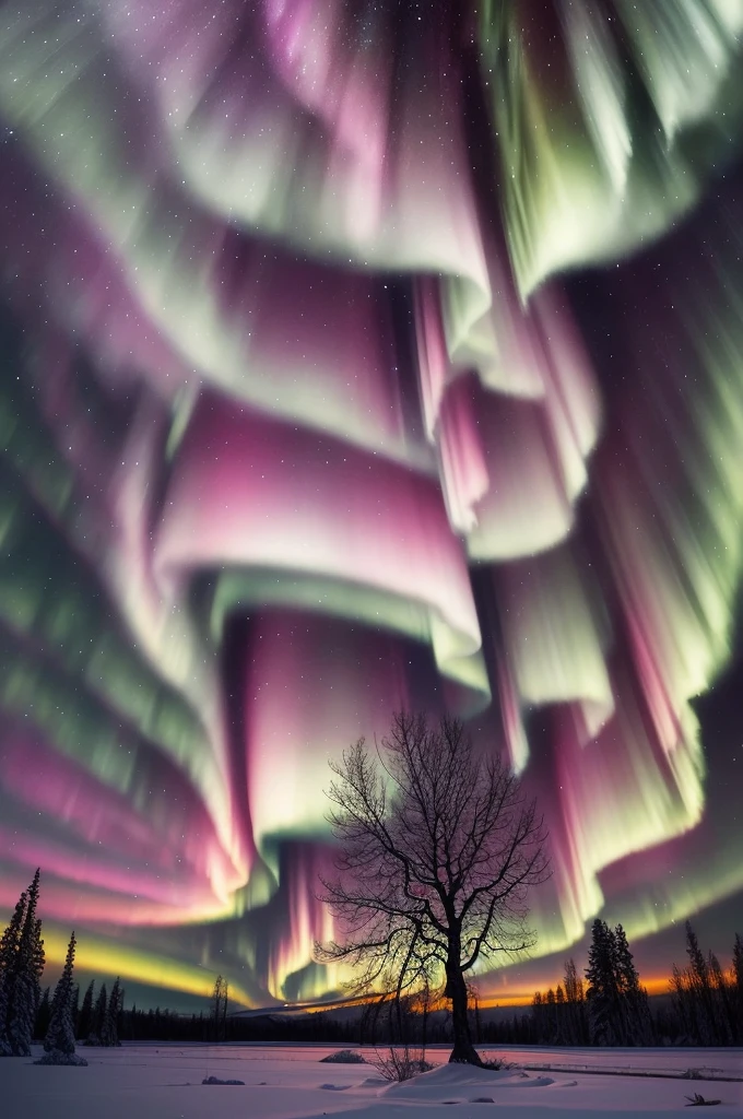a tree in a field with aurora lights in the sky, rainbow aurora, aurora borealis, northern lights, with aurora borealis in the sky, magical colours and atmosphere, magical colors and atmosphere, beautiful and colorful, infused with aurora borealis, breathtaking colors, nacreous lights, really beautiful nature, beautiful!!!, vividly beautiful colors
