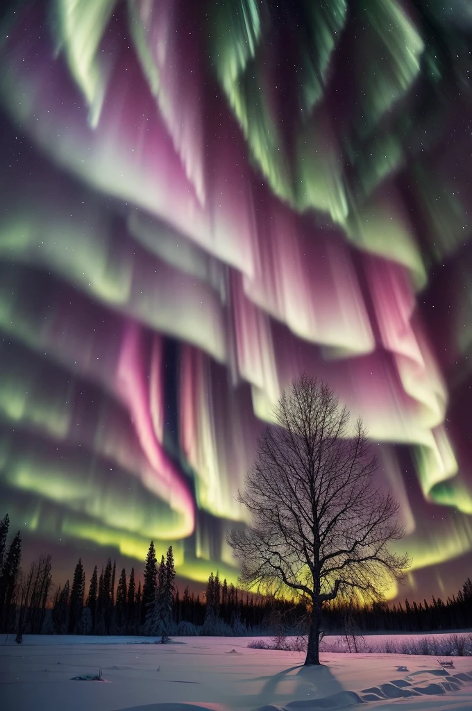 a tree in a field with aurora lights in the sky, rainbow aurora, aurora borealis, northern lights, with aurora borealis in the sky, magical colours and atmosphere, magical colors and atmosphere, beautiful and colorful, infused with aurora borealis, breathtaking colors, nacreous lights, really beautiful nature, beautiful!!!, vividly beautiful colors