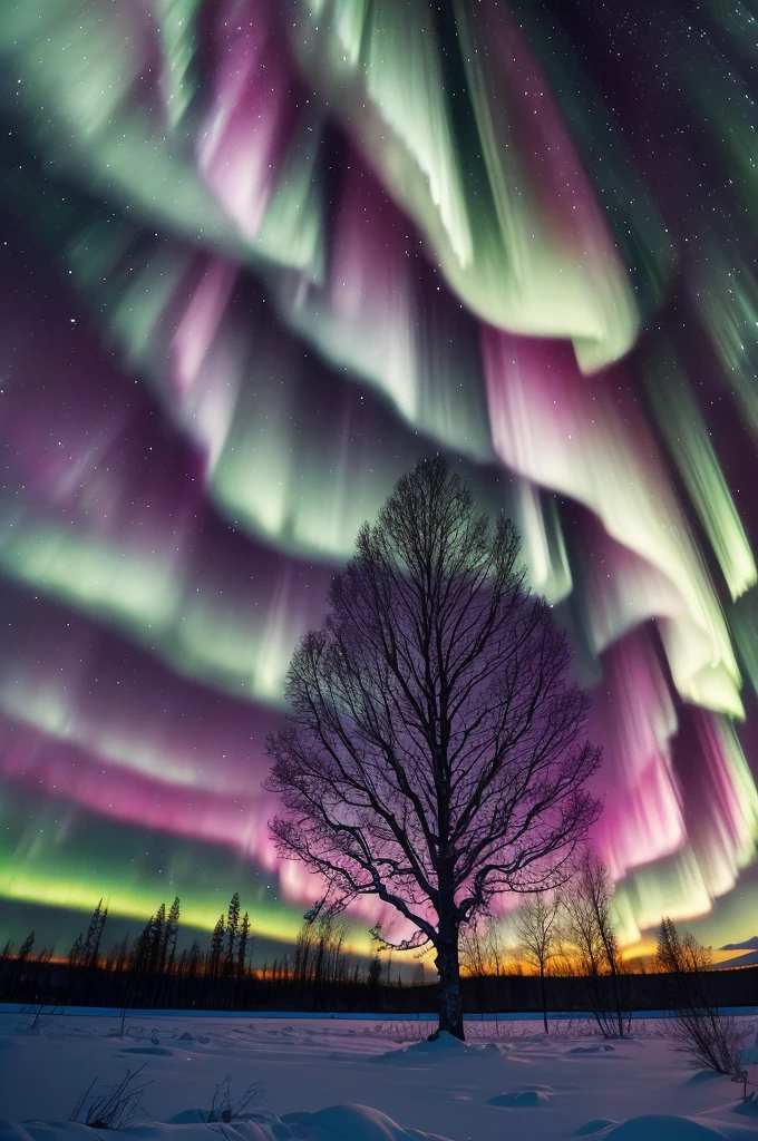 a tree in a field with aurora lights in the sky, rainbow aurora, aurora borealis, northern lights, with aurora borealis in the sky, magical colours and atmosphere, magical colors and atmosphere, beautiful and colorful, infused with aurora borealis, breathtaking colors, nacreous lights, really beautiful nature, beautiful!!!, vividly beautiful colors