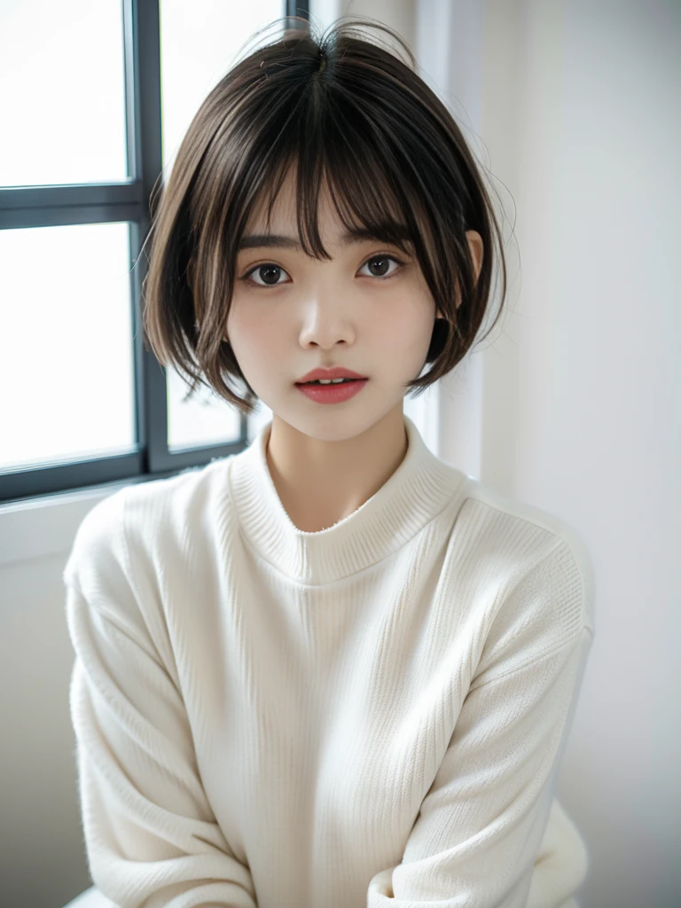 Selfie、Close-up of a woman wearing a white sweater, neat hair With bangs, short detailed hair, Baiji haircut hairstyle, short detailed hair With bangs, south east asian with round face, Cute and delicate face of girl, With bangs, Korean girls, Young cute asian face, Korean symmetrical face, middle parted bangs, Avatar profile picture，the background is clean