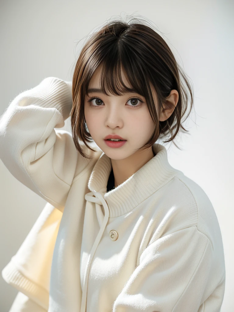 Selfie、Close-up of a woman wearing a white sweater, neat hair With bangs, short detailed hair, Baiji haircut hairstyle, short detailed hair With bangs, south east asian with round face, Cute and delicate face of girl, With bangs, Korean girls, Young cute asian face, Korean symmetrical face, middle parted bangs, Avatar profile picture,the background is clean