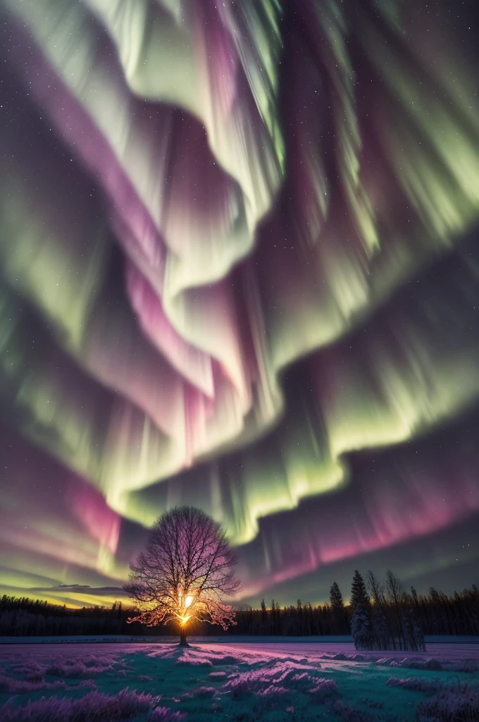 a tree in a field with aurora lights in the sky, a picture by Anato Finnstark, shutterstock, romanticism, rainbow aurora, aurora borealis, northern lights, with aurora borealis in the sky, magical colours and atmosphere, magical colors and atmosphere, beautiful and colorful, infused with aurora borealis, breathtaking colors, nacreous lights