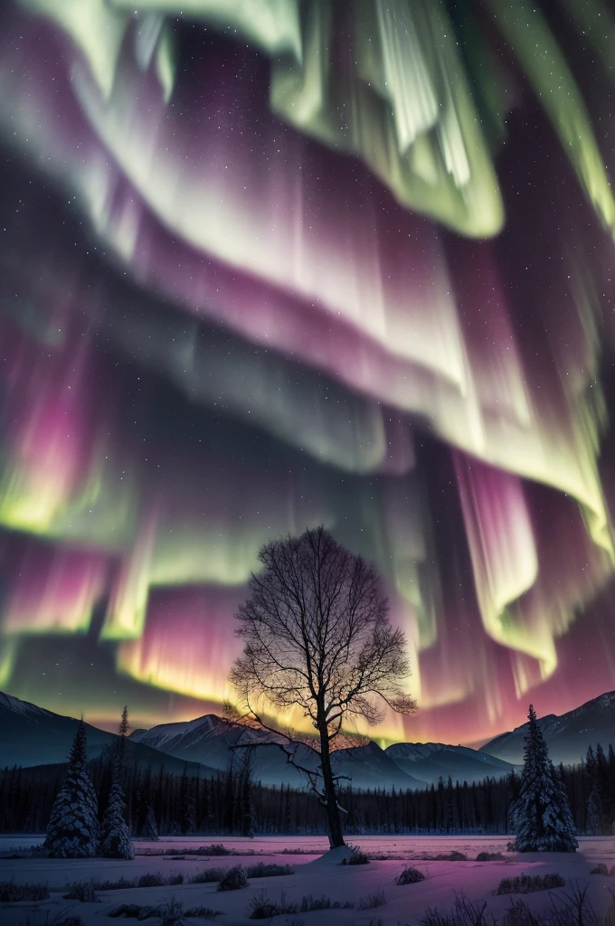 a tree in a field with aurora lights in the sky, rainbow aurora, aurora borealis, northern lights, with aurora borealis in the sky, magical colours and atmosphere, magical colors and atmosphere, beautiful and colorful, infused with aurora borealis, breathtaking colors, nacreous lights, really beautiful nature, beautiful!!!, vividly beautiful colors