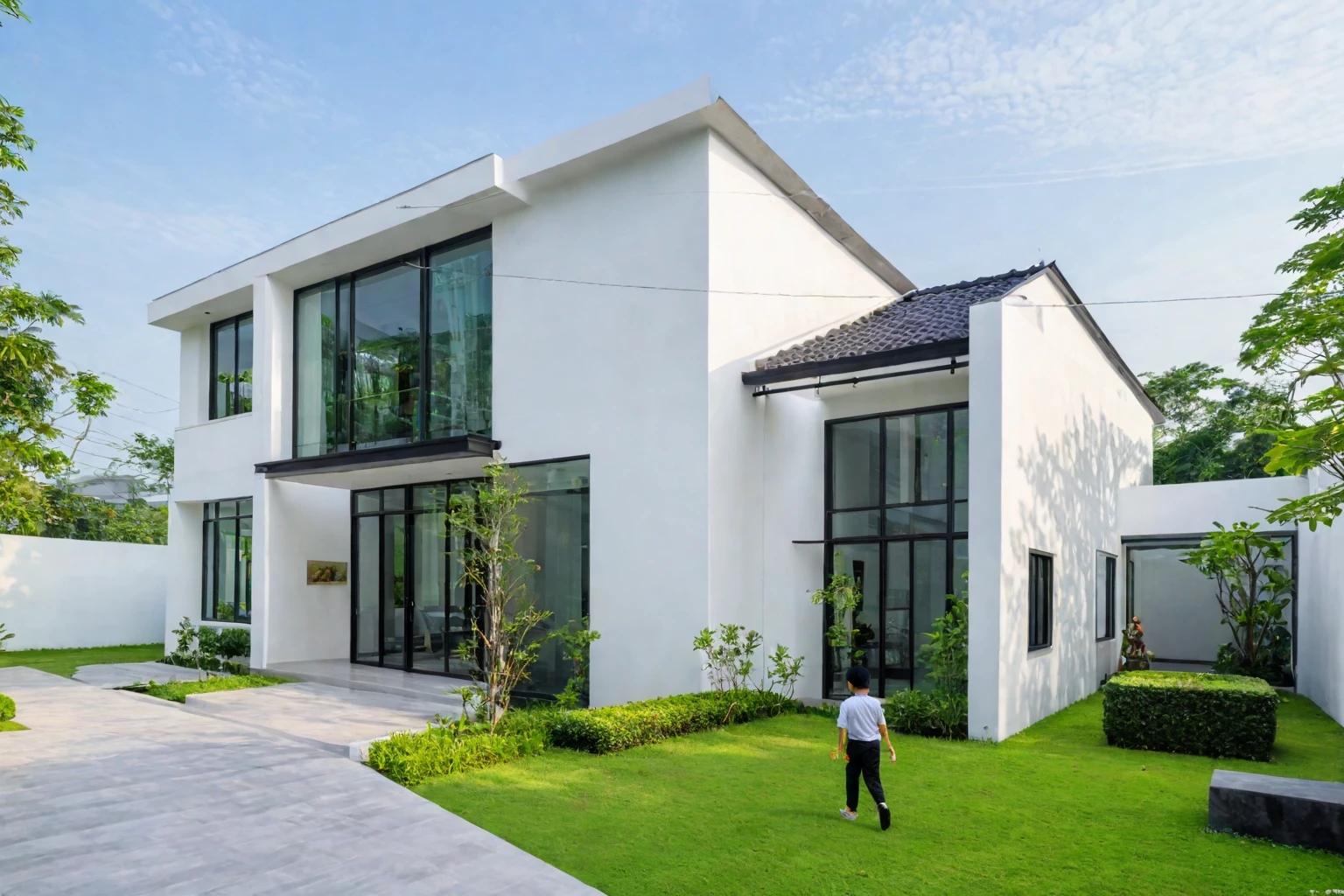 A modern minimalist style single-story villa with a flat roof, white walls and glass windows in Vietnam is surrounded by green lawns, ((road)), ((sidewalk)), (sidewalk trees), The overall architectural design features clean lines and simplicity, creating an elegant atmosphere. Use professional photography techniques to capture details and highlight the unique architecture of contemporary luxury houses in the style of minimalism