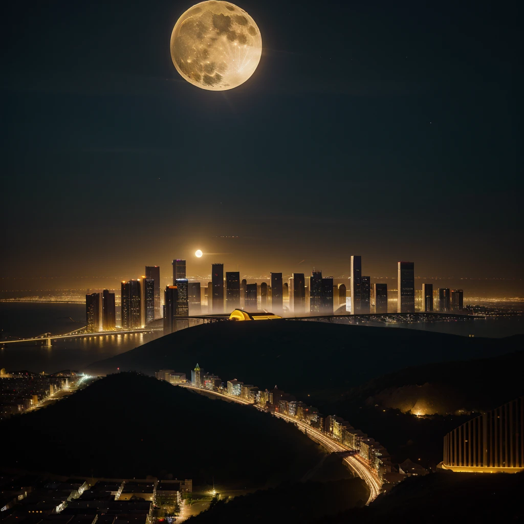 generates the photograph of a fantasy but futuristic city , with yellow lighting, orange and warm on a full moon evening