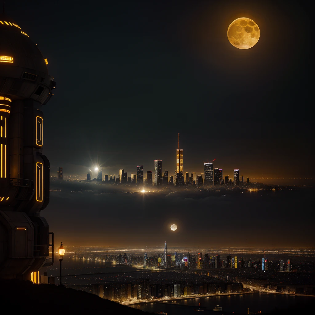 generates the photograph of a fantasy but futuristic city , with yellow lighting, orange and warm on a full moon evening