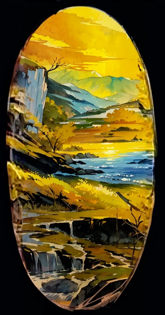 The picture is a martial arts animation style scenery。Earth, mountains and rivers,Beautiful sunset over distant mountains,The river sparkles,terrain changes,The colors are distinct and blended,Clear changes in light and shadow,Silky smooth and delicate watercolor painting