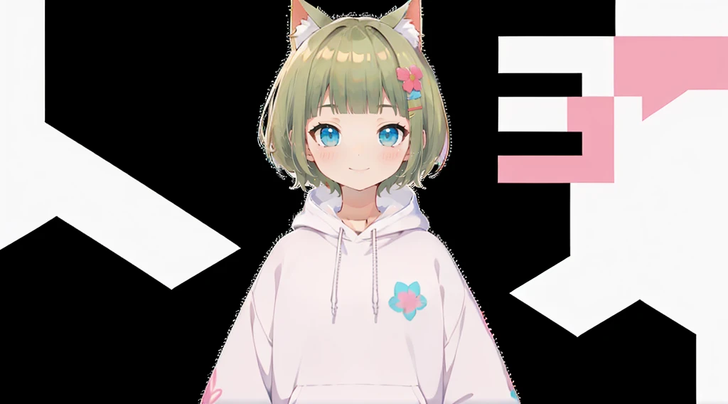 Blonde Hair、Pink hoodie、大きなFlower Hair Ornaments、An unprecedented number of draws、Flower Hair Ornaments、Floral Hair Accessories、Blonde、Cat ear、Pink hoodie、high quality、Colorful color palette、high resolution、pretty girl、 Pink hoodie、An unprecedented number of draws、Anime Style、Geometric background、Sticker Style、short hair、Blonde、Turquoise Eyes, Messy Hair, Pink hoodie、髪と同じ色のCat ear、front, Hands posing, Until death, Bondage, Baggy clothes