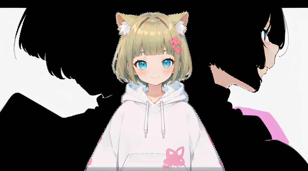 Blonde Hair、Pink hoodie、大きなFlower Hair Ornaments、An unprecedented number of draws、Flower Hair Ornaments、Floral Hair Accessories、Blonde、Cat ear、Pink hoodie、high quality、Colorful color palette、high resolution、pretty girl、 Pink hoodie、An unprecedented number of draws、Anime Style、Geometric background、Sticker Style、short hair、Blonde、Turquoise Eyes, Messy Hair, Pink hoodie、髪と同じ色のCat ear、front, Hands posing, Until death, Bondage, Baggy clothes