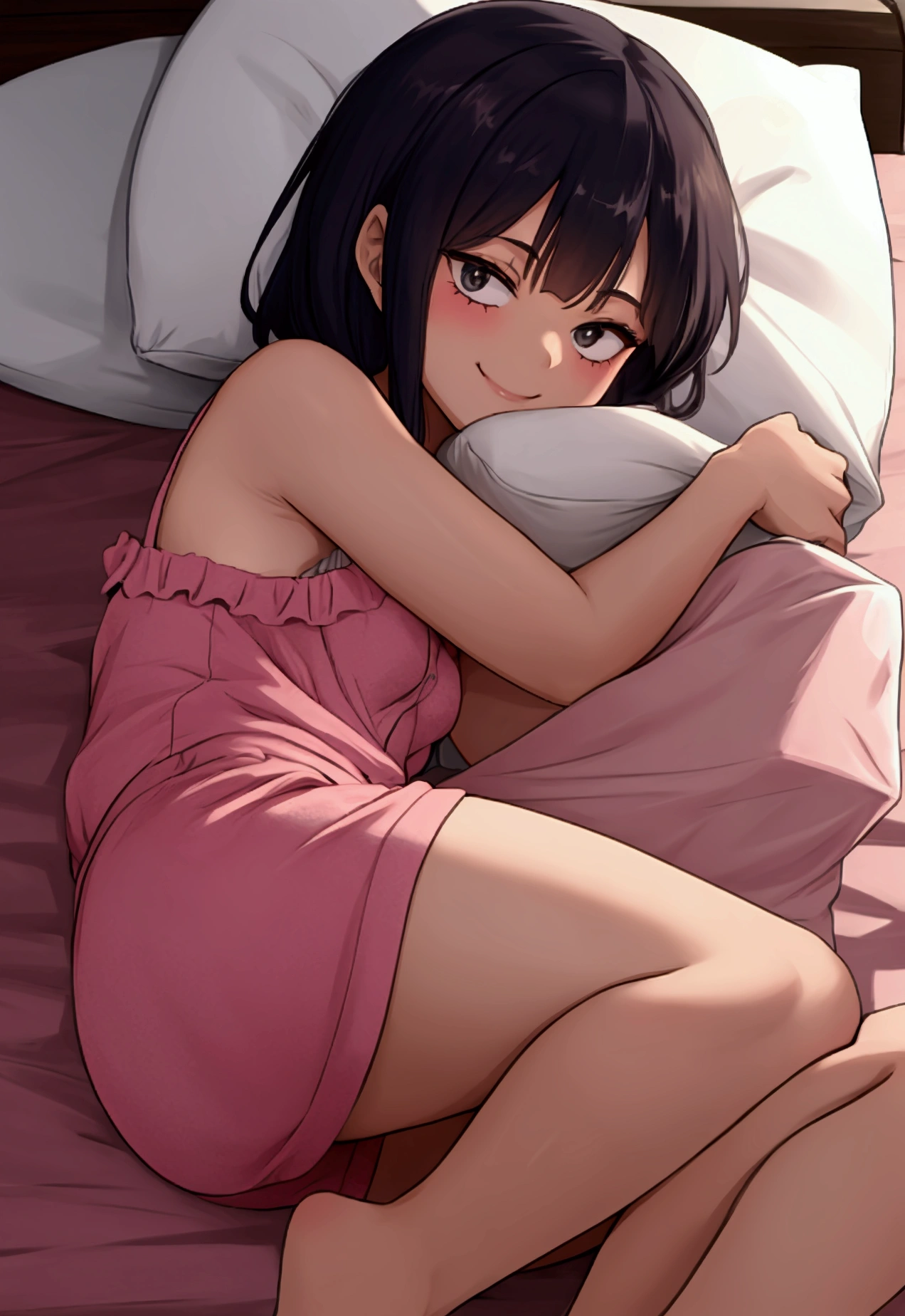 Beautiful girl waking up with her head on the pillow lying face down half covered with the sheet, smiling, disheveled and wearing pajamas with a black nightgown and mini shorts, Pov