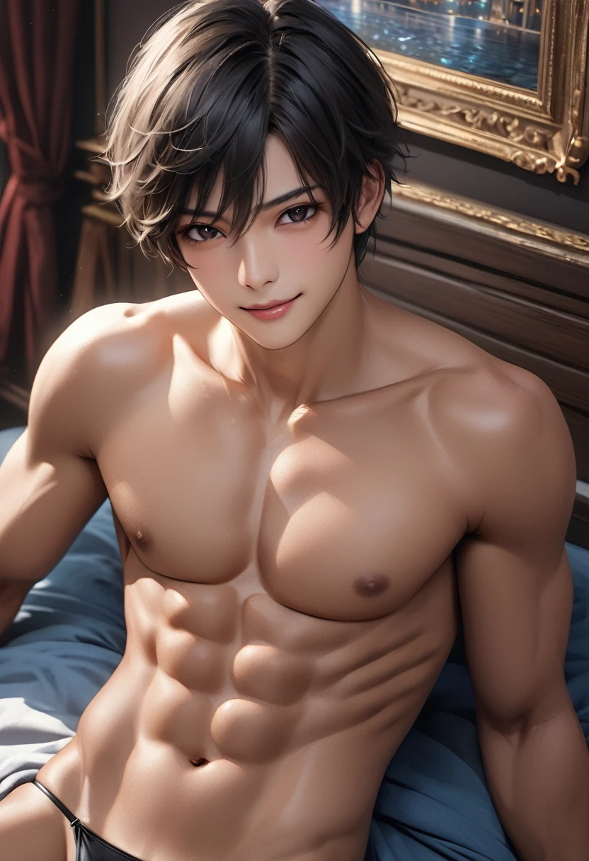high quality, detailed, Realistic,(two tanned japanese idol boys:1.3), (detailed black eyes), (black short hair), (abs), (tanned dark brown skin), night palace bedroom, (black tiny thong), (bulge), (detailed nipples), detailed areola,best quality,4k,8k,highres,masterpiece:1.2),ultra-detailed,(realistic,photorealistic,photo-realistic:1.37), face close up, --no watch,looking at viewer,smirk,