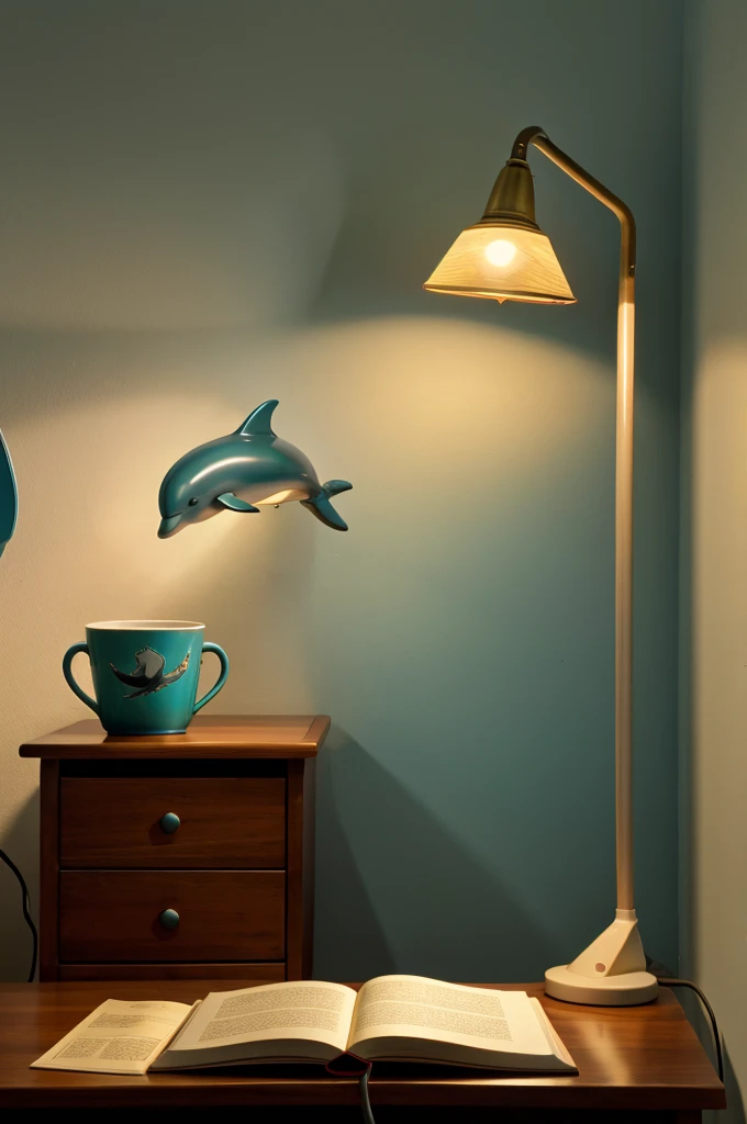 Dolphin is reading a book under desk lamp
