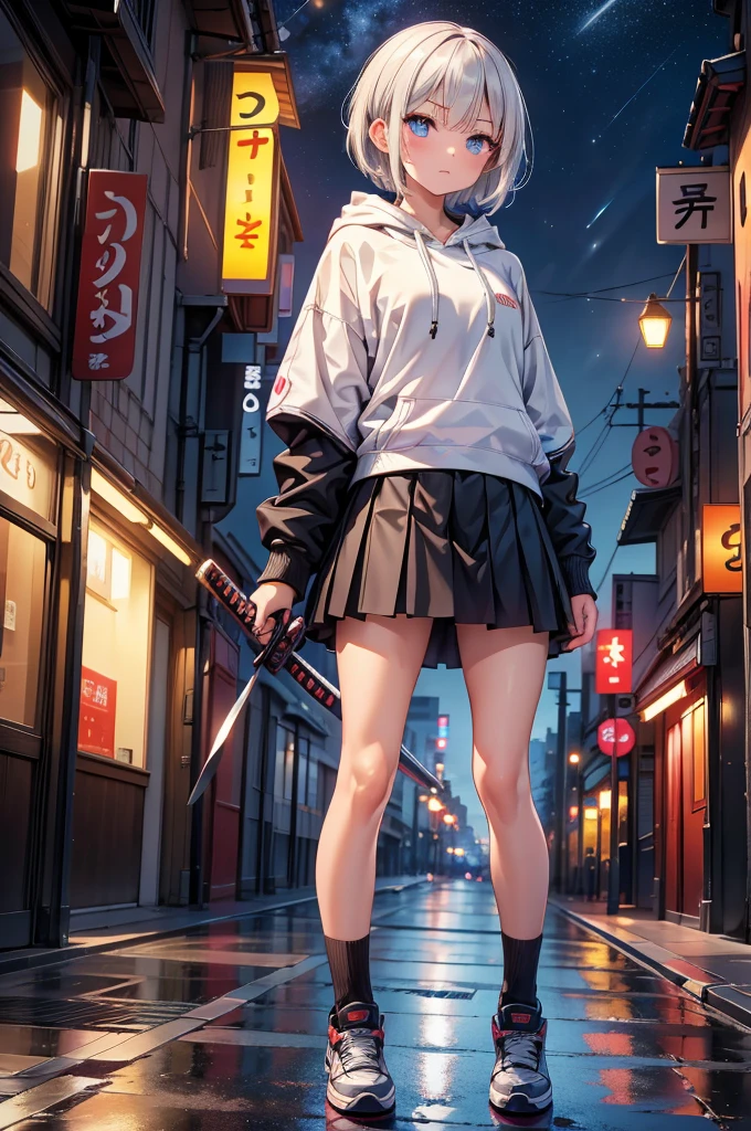 (masterpiece), (best quality), (ultra detailed), (high res 8K), 1 girl, late teenage, standing, contrappost, full body, low angle, hoody, mini-skirt,((katana)), short hair, silver hair, serious, looking away, cityscape in Tokyo, night, rim lighting, high contrast, professional lighting, stunning face, symmetrical clear eyes, detailed eyes and face,(near future)
