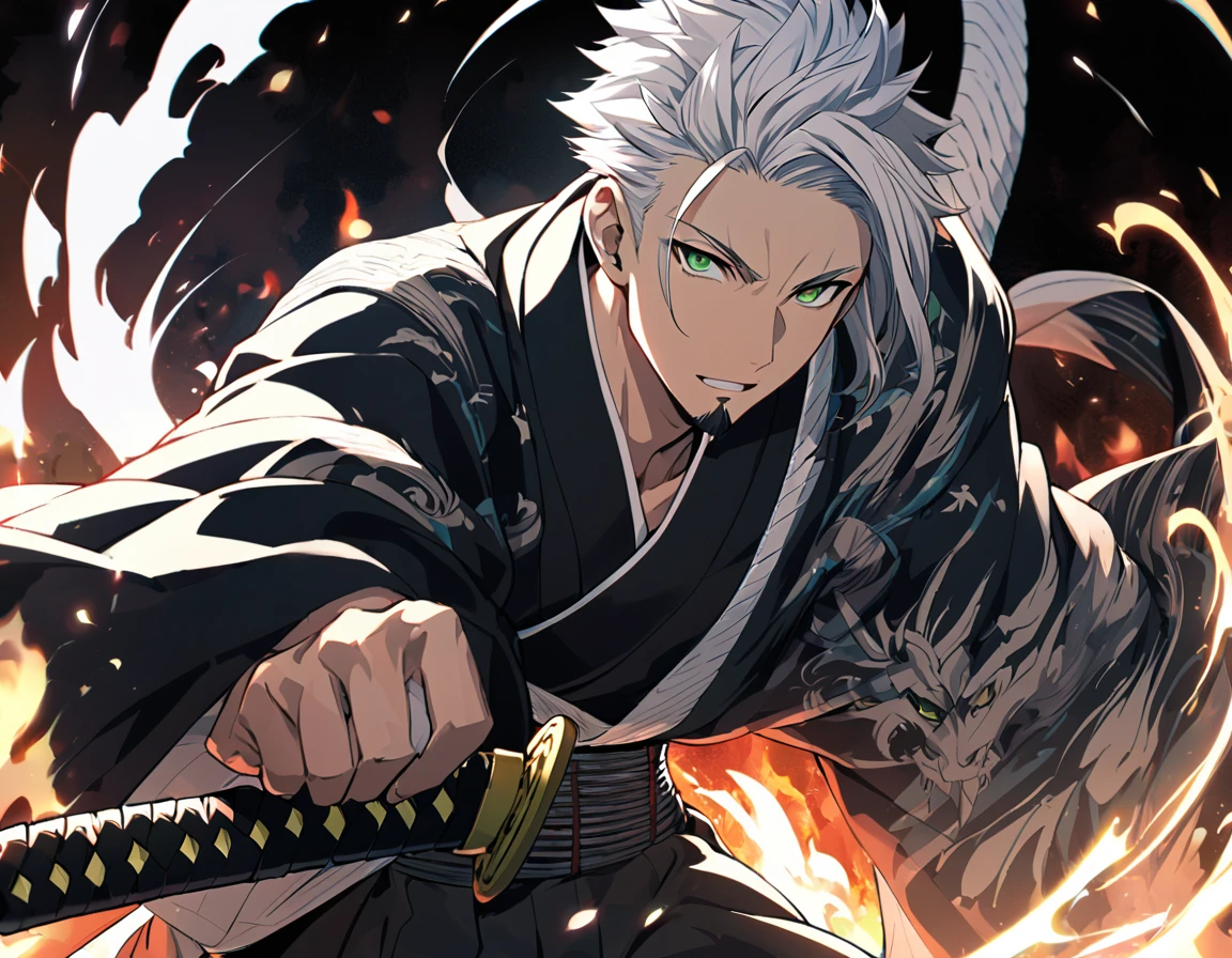 1 young boy, male focus, details Intricate, 1 men, bonitas, White hair, vibrant green eyes, slim muscles, アニメ, 19yearsold, 19 years, a small goatee, kimono de Shinigami, Shinigami, bleach style, bleach, regatta, kimono, bleach, bleach style(black clothing colors, kimono black), katana ( a medium sharp katana) , katana media, Aura(uma Aura branca ao redor do personagem), Aura de energia.