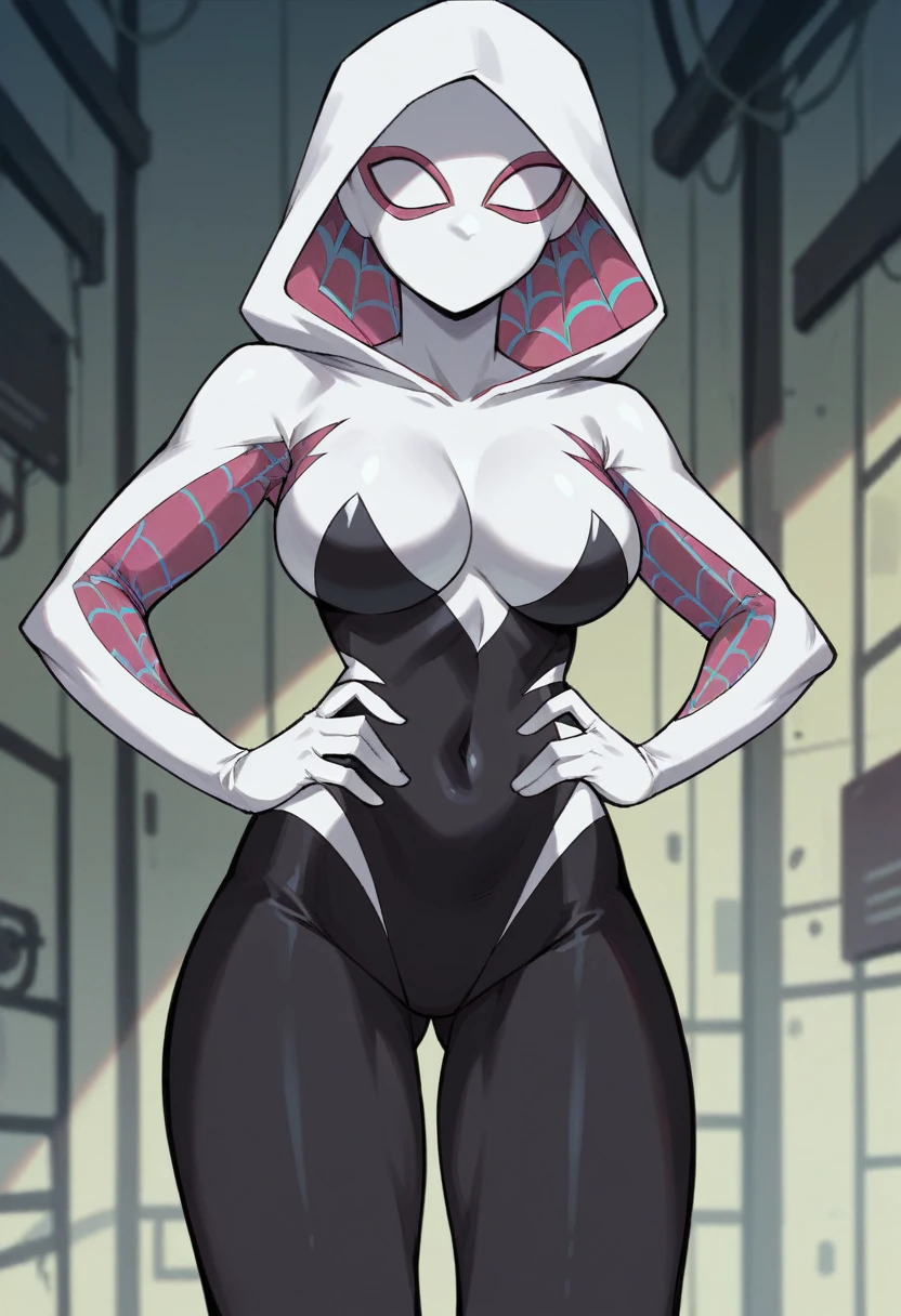 Masterpiece , best quality , Masterpiece , best quality , Spider Gwen , 1 woman, mask , Leotard , abdomen , big breasts , Put your hands on your hips. , abandoned factory ,