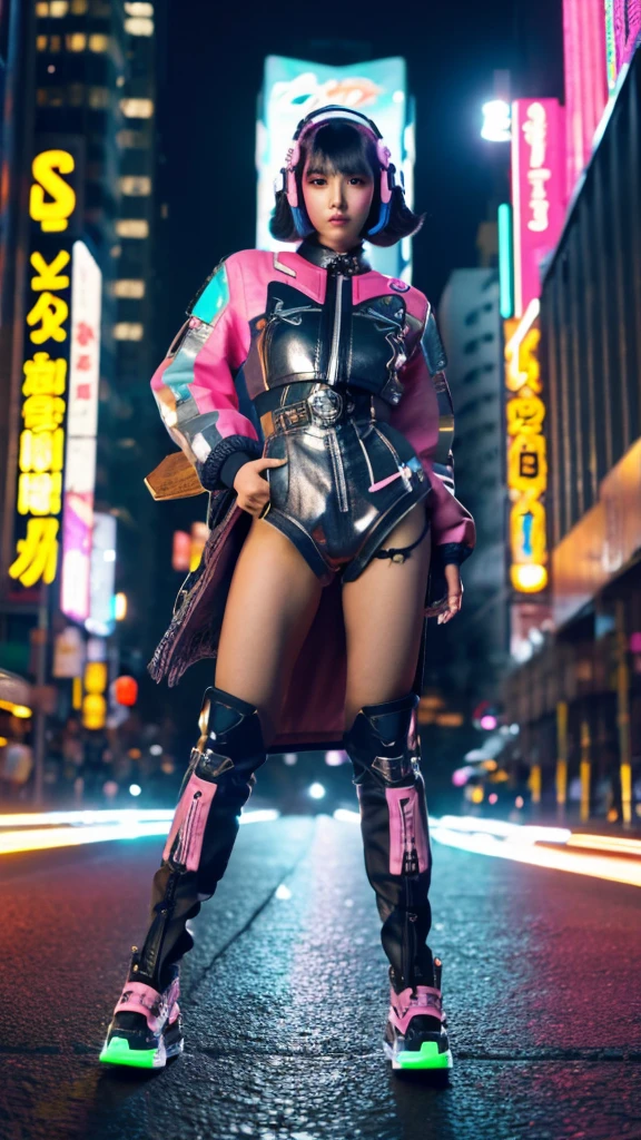 (POV). The beautiful strongest mecha lady with (harajuk hairstyle), headphone, (head ornament). Dressing in (colouring) jacket mecha armor. Standing with (sword katana) on the top building in city night view, full body, with boots neon light, hiper realistic, 8k,