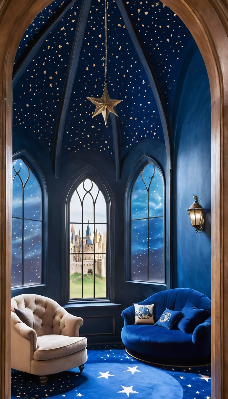 Castle Tower, Harry Potter, Ravenclaw, lounge, Arched Window, Blue silk hanging on the wall, Domed ceiling painted with stars, Dark blue carpet with stars, surface, Chair, Bookshelf on the floor