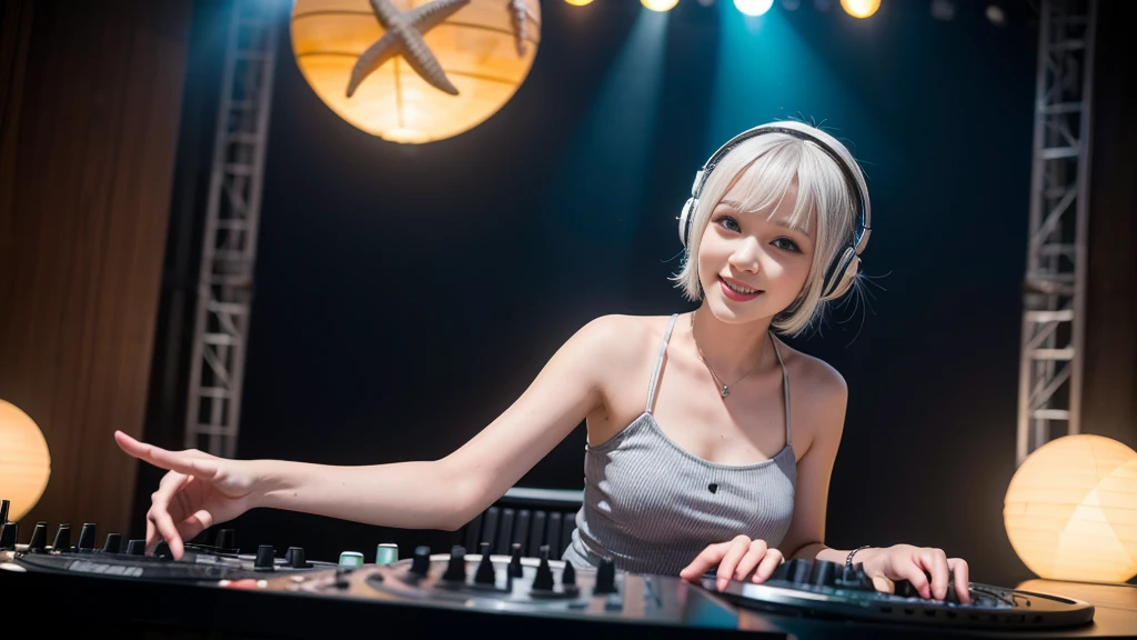 (ultra - detailed, 16K resolution, Cinema lenses, rendering by octane), (high resolution:1.18), intricate detail, (masterpiece:1.1), (highest quality:1.1), (1girl, portrait, white hair, blue eyes, short hair, detailed eyes),Wearing silver DJ headphones, sequined T-shirt, (in the beach:1.5), (Iconic hip-hop pop costumes:1.3), Smile while DJing on stage, DJ studio next to the beach, ((A stylish DJ stage on a hill overlooking the beach)), full body shot, Photorealistic photography by Sunshine, (cute round face:1.3), perfect fingers, five fingers, beautiful hands, perfect hands. master peace, cute smile, Fixhand.