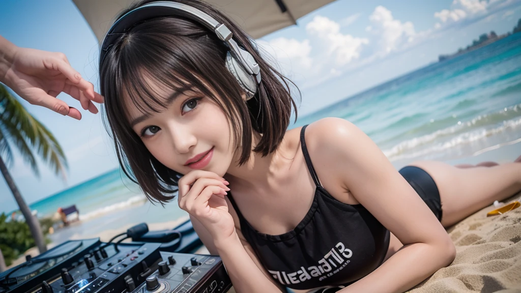 (ultra - detailed, 16K resolution, Cinema lenses, rendering by octane), (high resolution:1.18), intricate detail, (masterpiece:1.1), (highest quality:1.1), (1girl, portrait, white hair, blue eyes, short hair, detailed eyes),Wearing silver DJ headphones, sequined T-shirt, (in the beach:1.5), (Iconic hip-hop pop costumes:1.3), Smile while DJing on stage, DJ studio next to the beach, ((A stylish DJ stage on a hill overlooking the beach)), full body shot, Photorealistic photography by Sunshine, (cute round face:1.3), perfect fingers, five fingers, beautiful hands, perfect hands. master peace, cute smile, Fixhand.